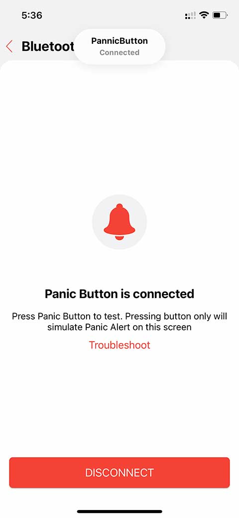 After successfully connecting the QBell Panic Button, you will see it on the "Bluetooth Panic Button" screen.