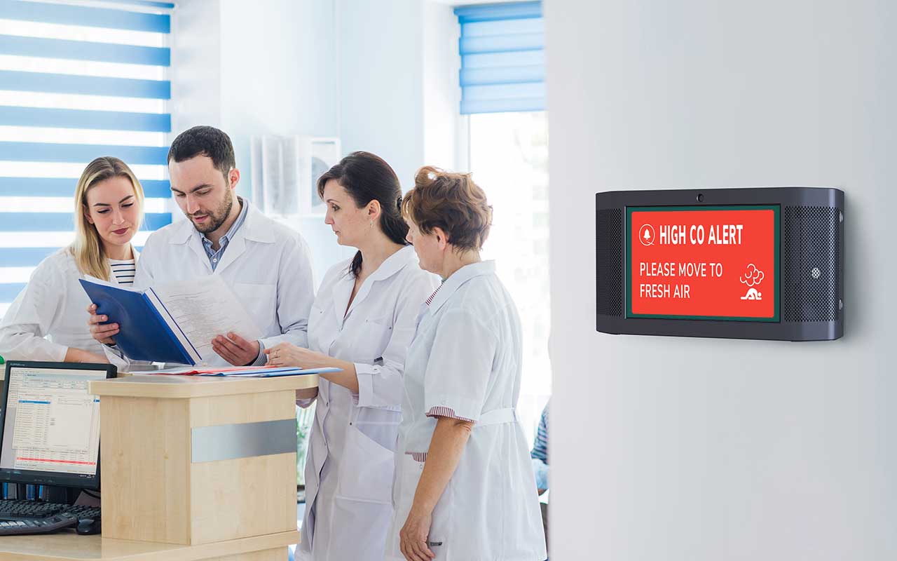 The QBOX displays the Mass Alert in the Hospital hallway 