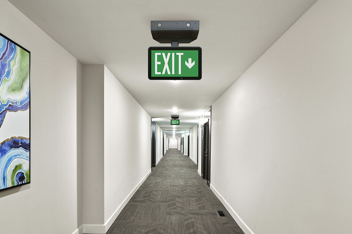 Quicklert QBOX Ceiling - Exit Sign in the Residential Building Hallway